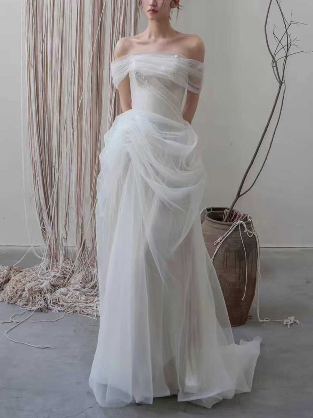 Off-the-Shoulder Draped Tulle Wedding Dress with Asymmetrical Skirt