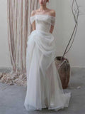 Off-the-Shoulder Draped Tulle Wedding Dress with Asymmetrical Skirt