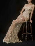 Champagne Gold Strapless Sequin Mermaid Evening Gown with 3D Floral Appliqués