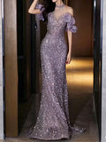 Lavender Halter Ruffle Off Shoulder Sequin Mermaid Evening Gown
