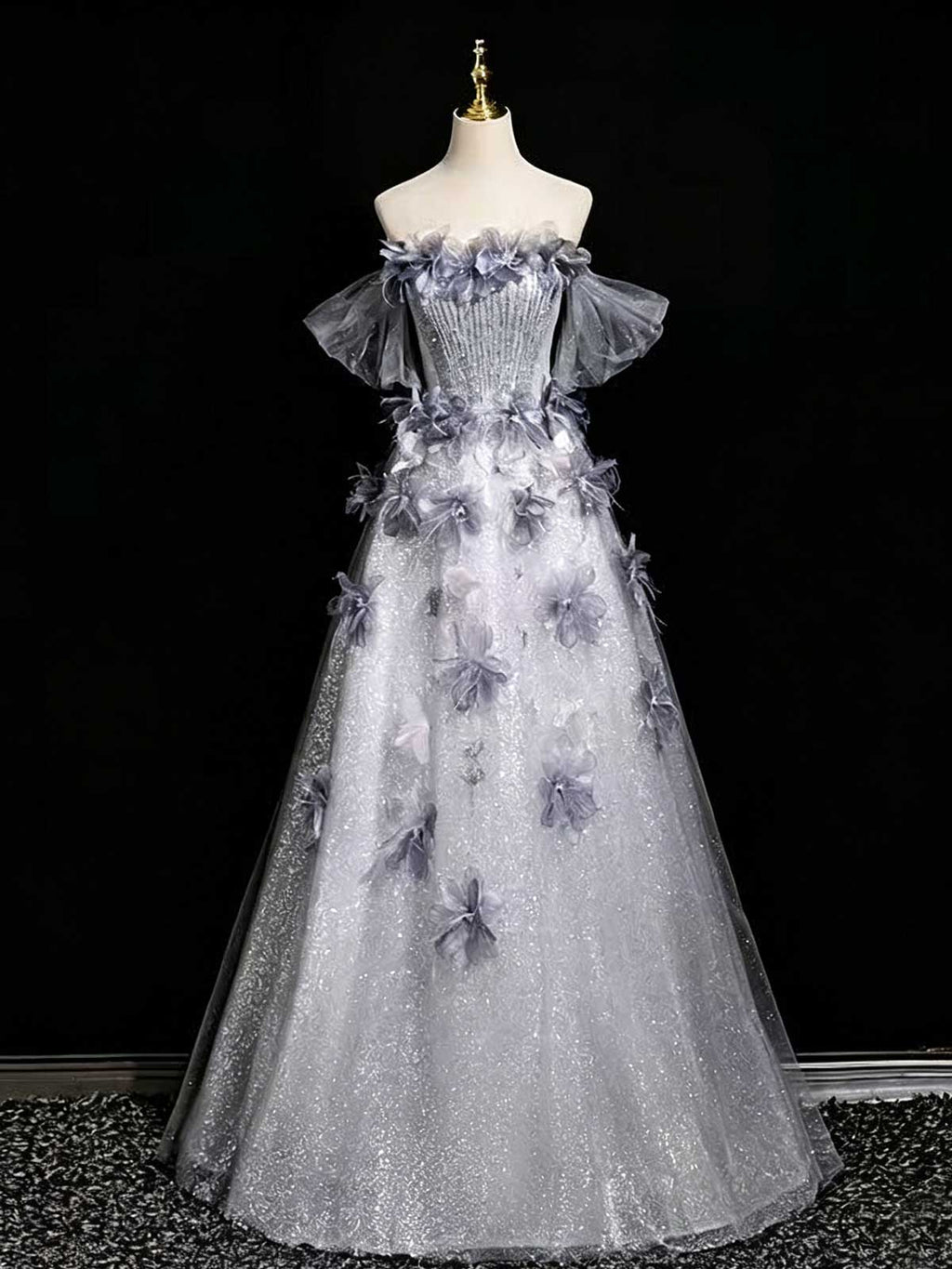 Silver Grey Floral Sequin Evening Gown