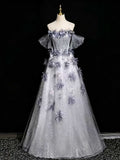 Silver Grey Floral Sequin Evening Gown