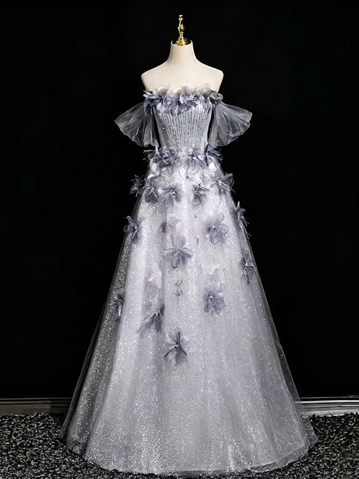Silver Grey Floral Sequin Evening Gown