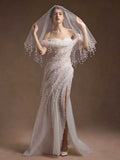Ivory Pearl Beaded Fringe Strapless Tulle Mermaid Wedding Dress with Veil