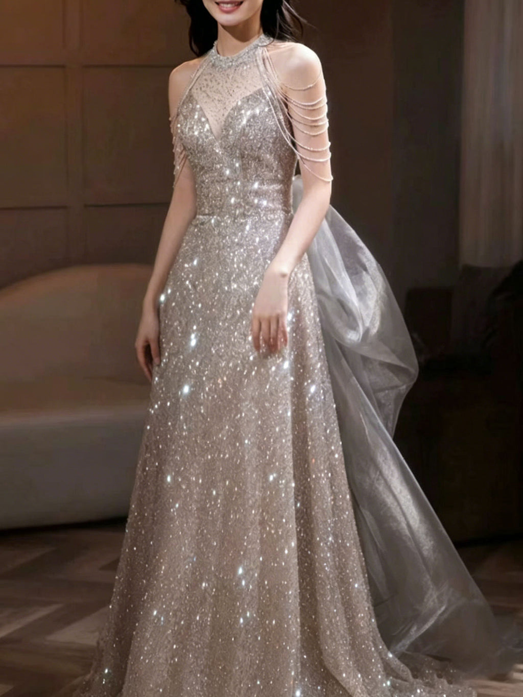 Champagne Halter Chain Sleeve Sequin Tulle A-Line Evening Gown