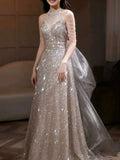 Champagne Halter Chain Sleeve Sequin Tulle A-Line Evening Gown