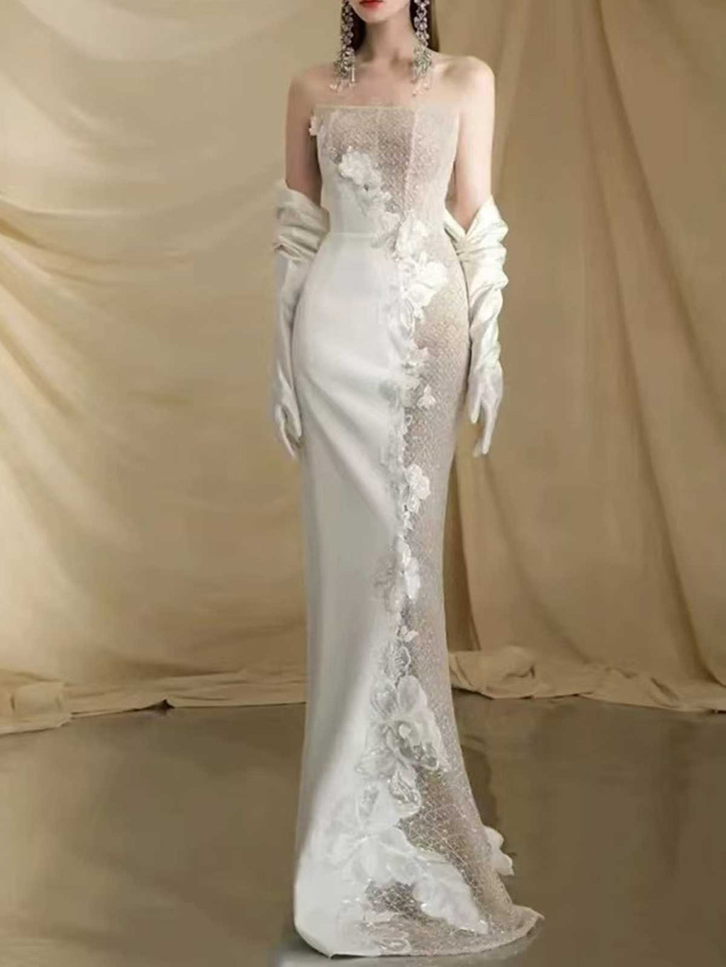 Ivory Sheer Lace Strapless Mermaid Wedding Dress with Gloves