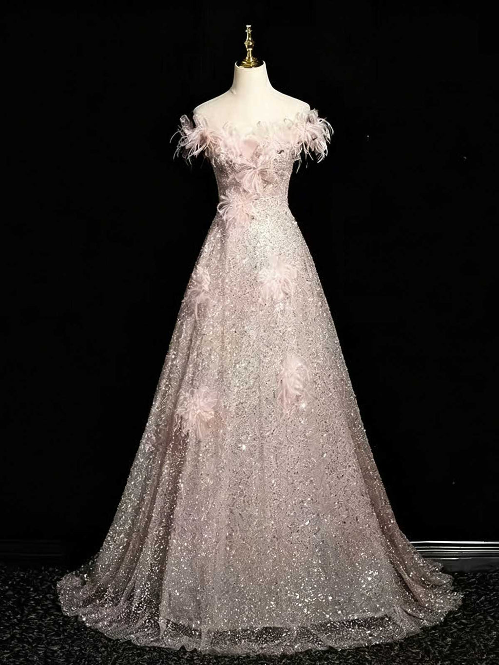 Blush Pink Feather Sequin Evening Gown
