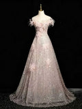 Blush Pink Feather Sequin Evening Gown