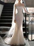 Strapless Off-the-Shoulder Lace Mermaid Wedding Dress with Long Sleeves