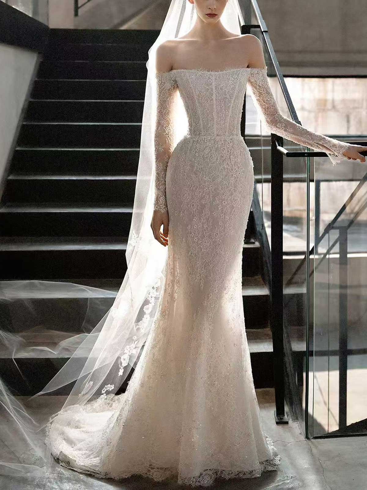 Strapless Off-the-Shoulder Lace Mermaid Wedding Dress with Long Sleeves