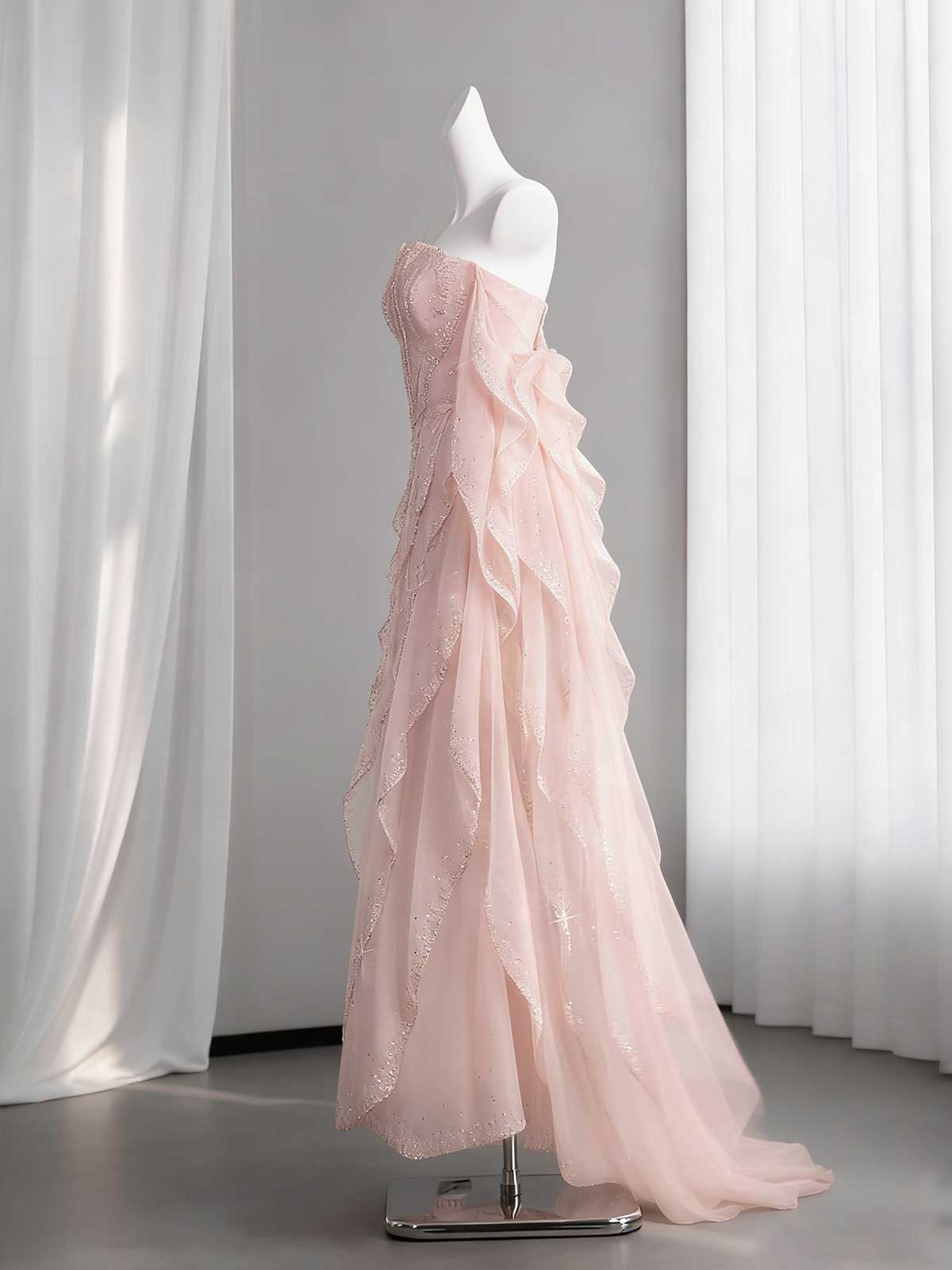 Dusty Pink Strapless Ruffled Glitter Tulle Evening Gown
