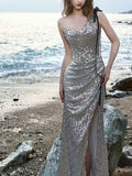 Glam Silver Sequin One-Shoulder Mermaid Evening Gown with Slit