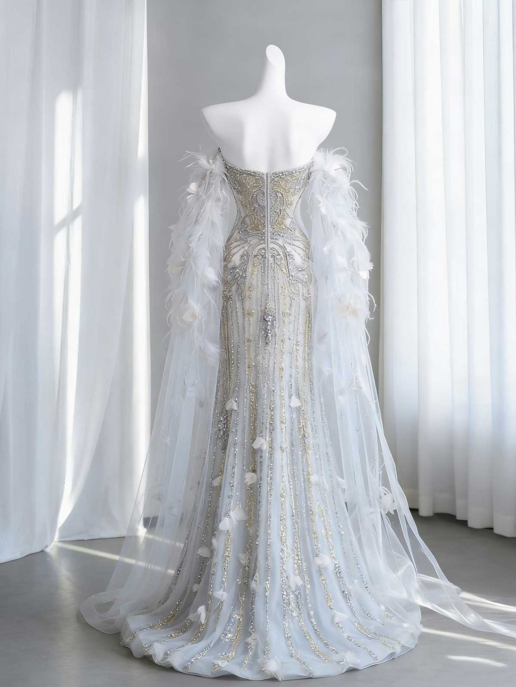 Luxury Beaded Feather Mermaid Evening Gown