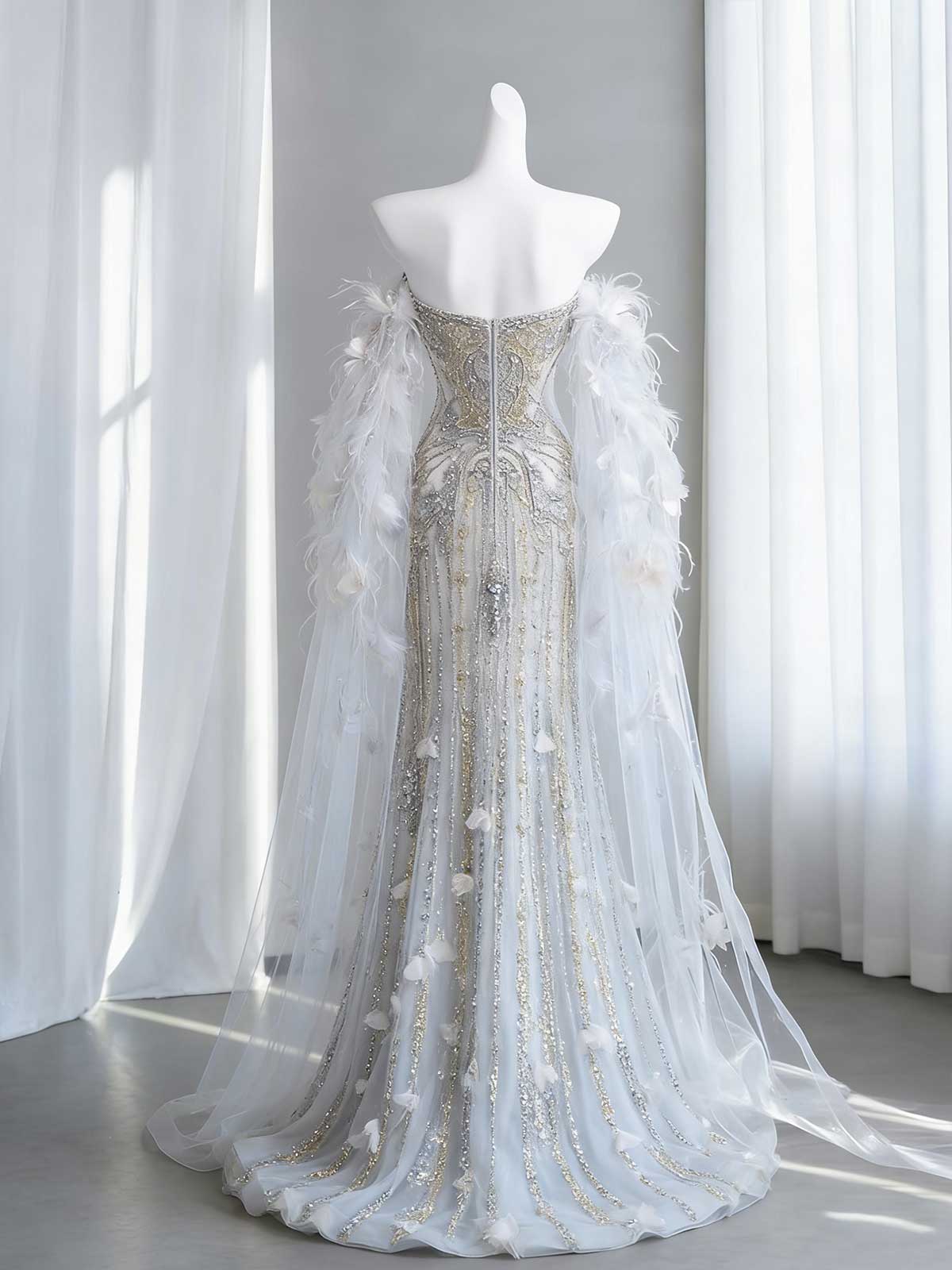 Luxury Beaded Feather Mermaid Evening Gown