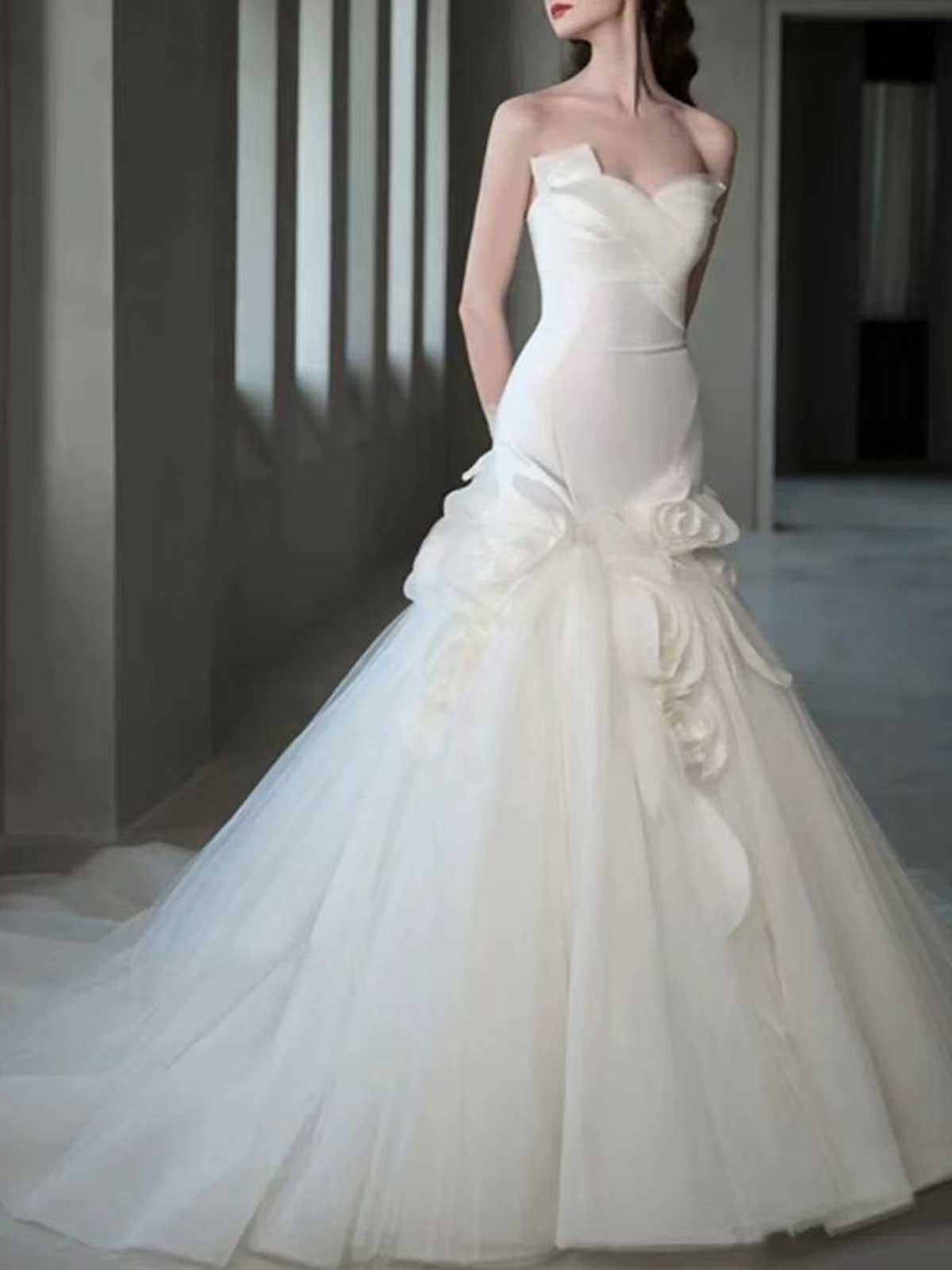 White Strapless Satin Mermaid Wedding Dress with Floral Tulle Skirt