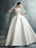 Ivory Satin 3D Floral Strapless Ball Gown Wedding Dress with Veil