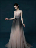 Champagne Halter Chain Sleeve Sequin Tulle A-Line Evening Gown
