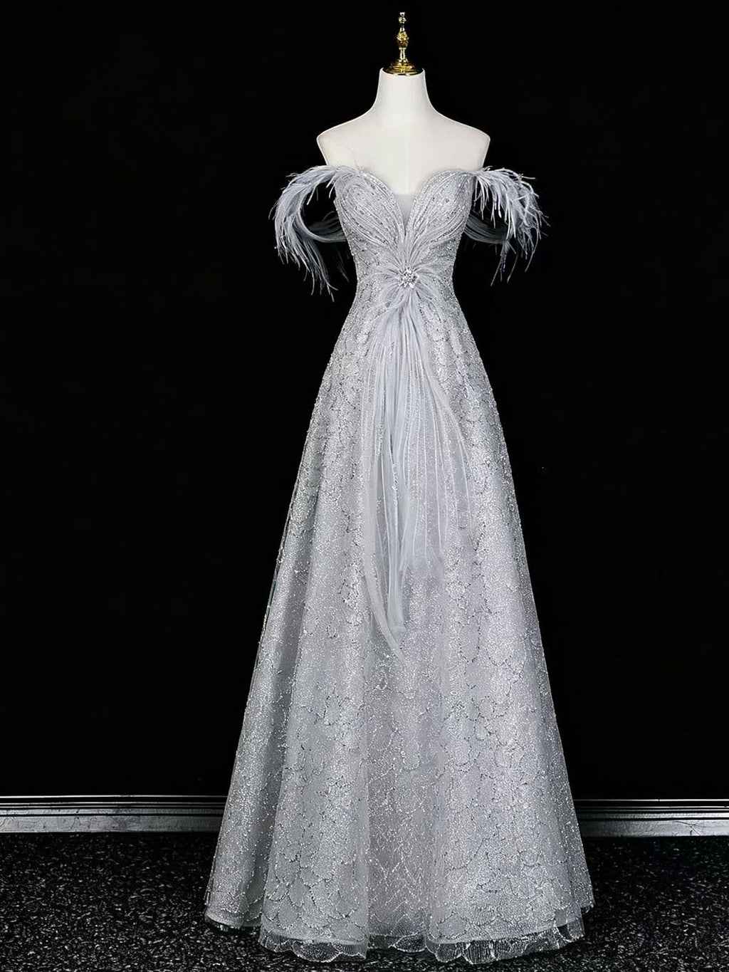 Silver Grey Off-the-Shoulder Sequin Evening Gown with Feather Trim
