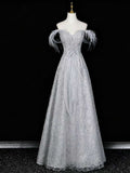 Silver Grey Off-the-Shoulder Sequin Evening Gown with Feather Trim