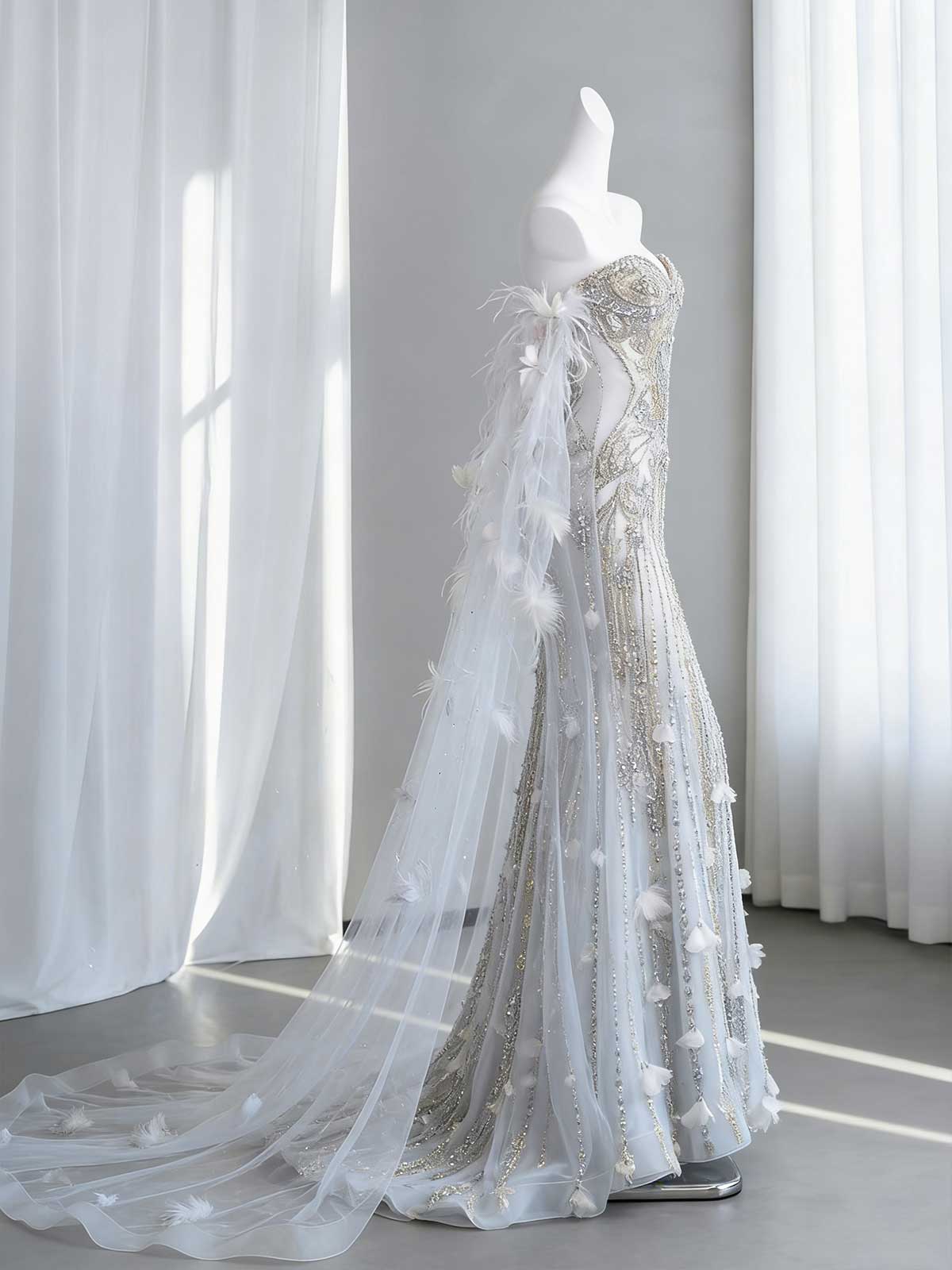 Luxury Beaded Feather Mermaid Evening Gown