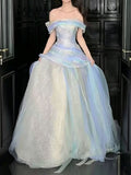 Off Shoulder Ombre Blue Glitter Tulle A-Line Ball Gown