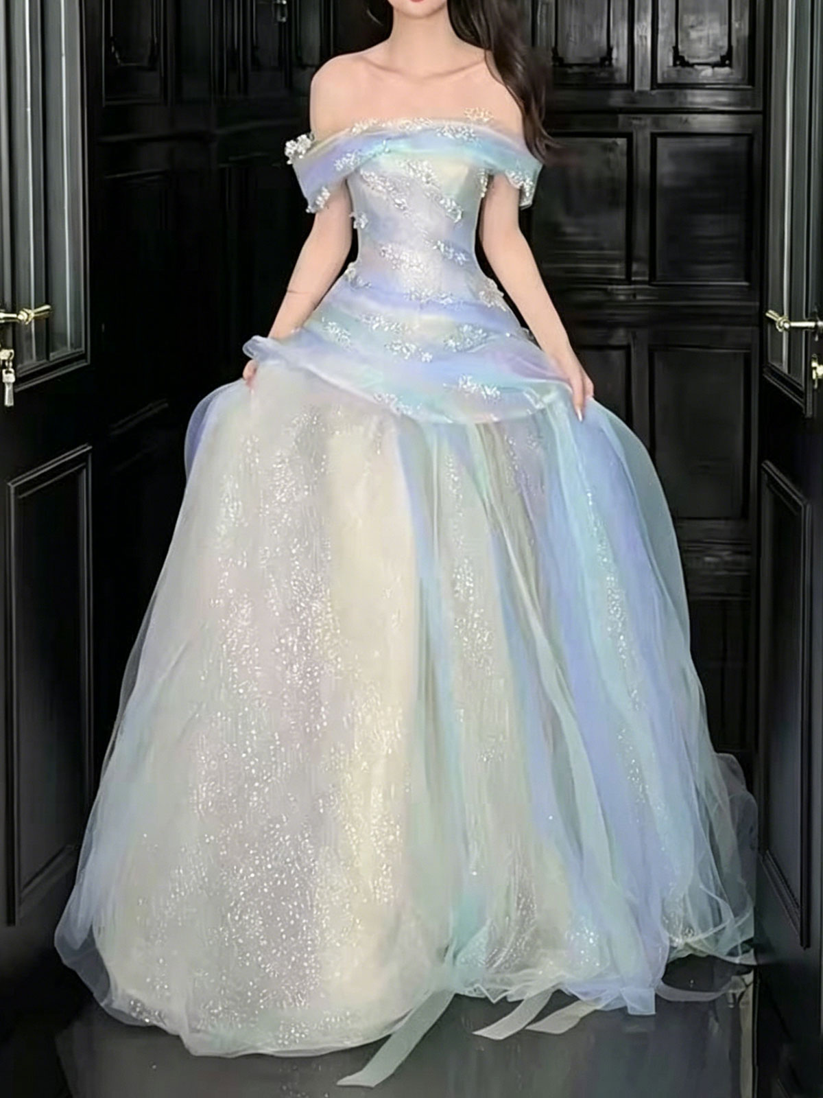 Off Shoulder Ombre Blue Glitter Tulle A-Line Ball Gown