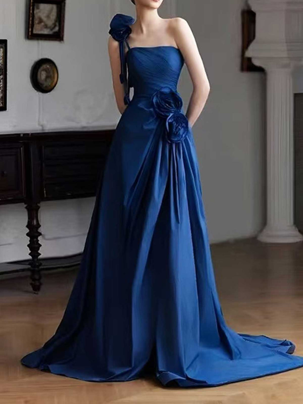 Royal Blue One-Shoulder Satin Evening Gown with 3D Floral Appliqués