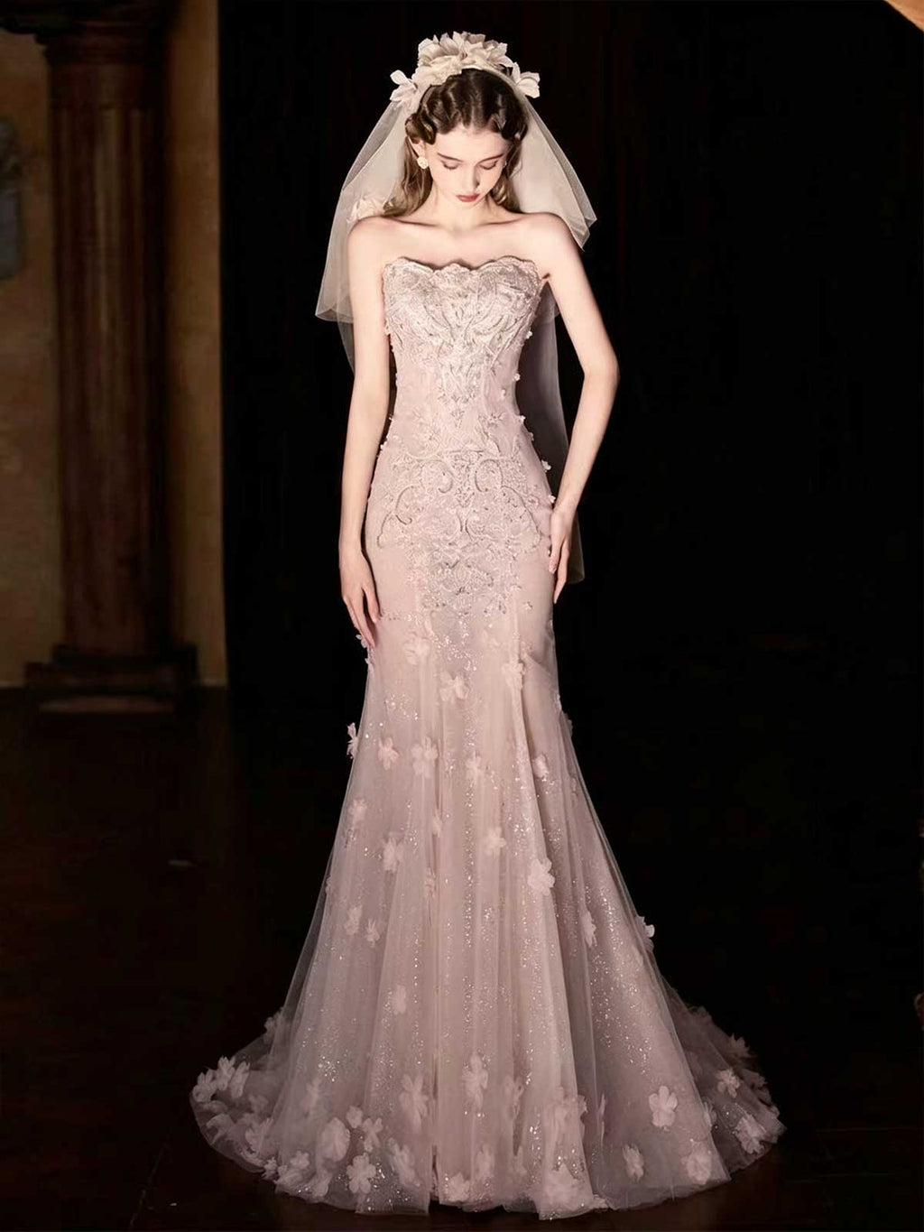 Blush Pink 3D Floral Applique Strapless Mermaid Wedding Dress with Veil
