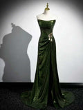 Deep Green Strapless Velvet Mermaid Evening Gown with Floral Appliqués