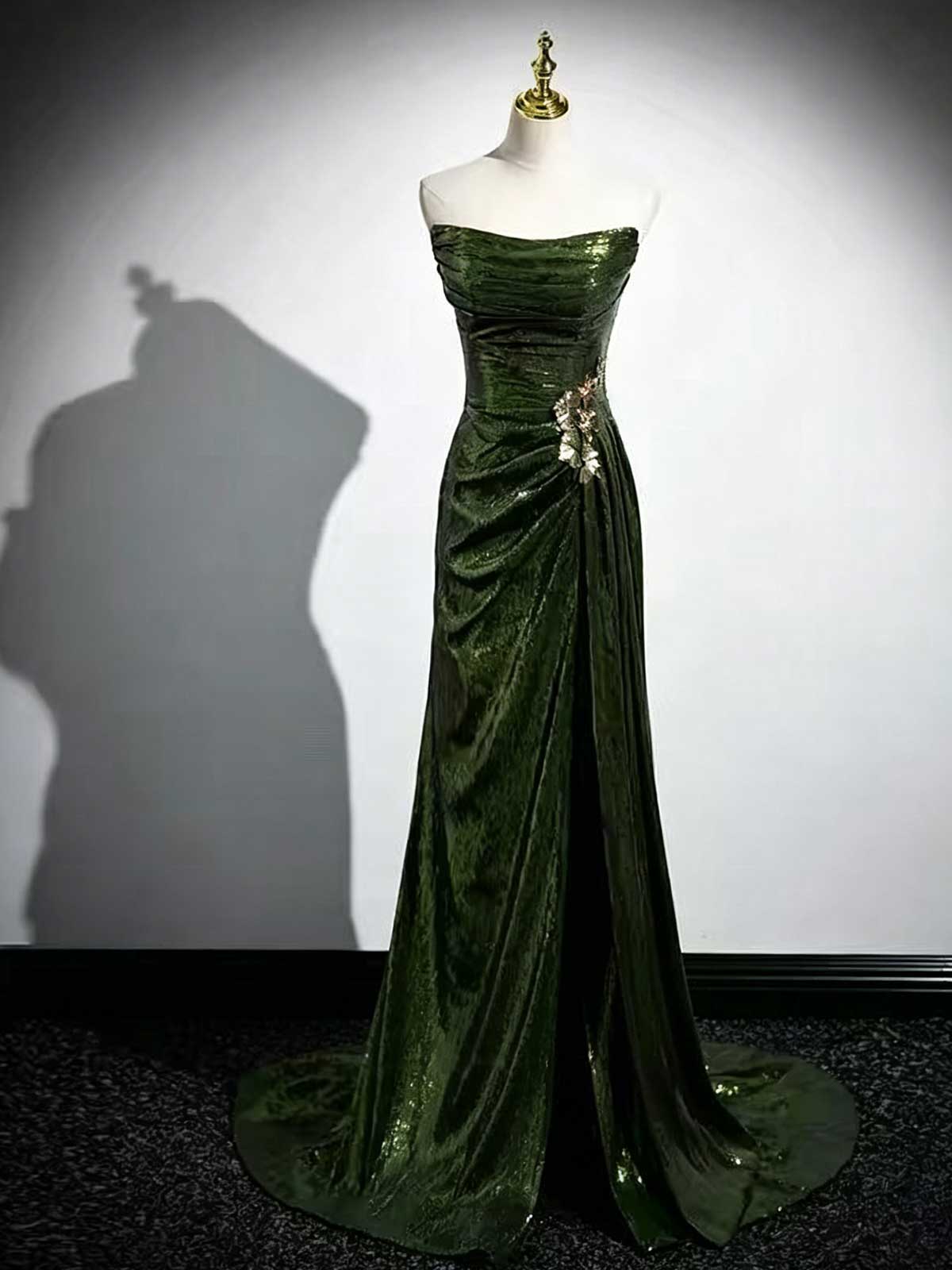 Deep Green Strapless Velvet Mermaid Evening Gown with Floral Appliqués
