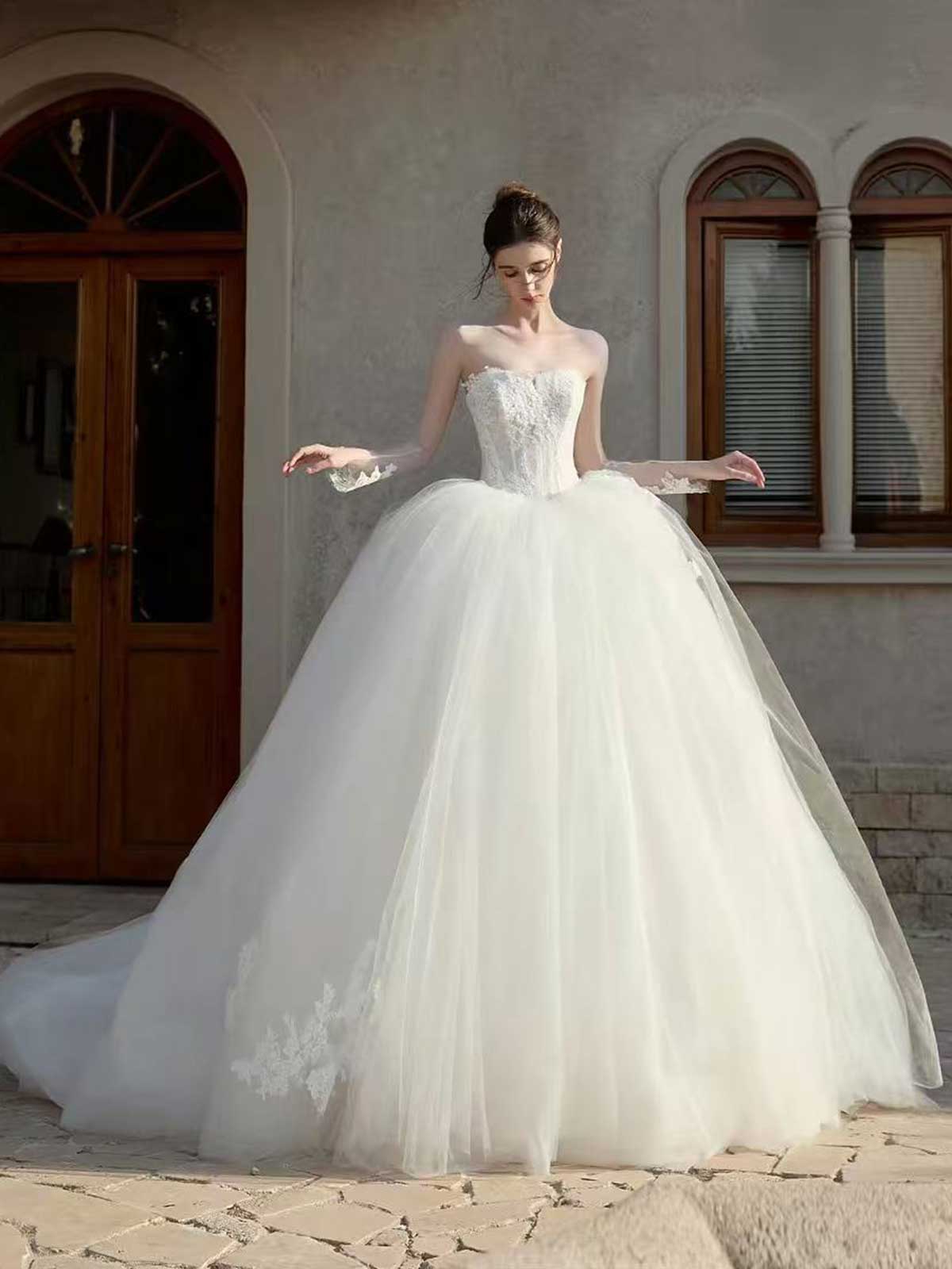 Strapless Lace Corset Ball Gown Wedding Dress with Voluminous Tulle Skirt