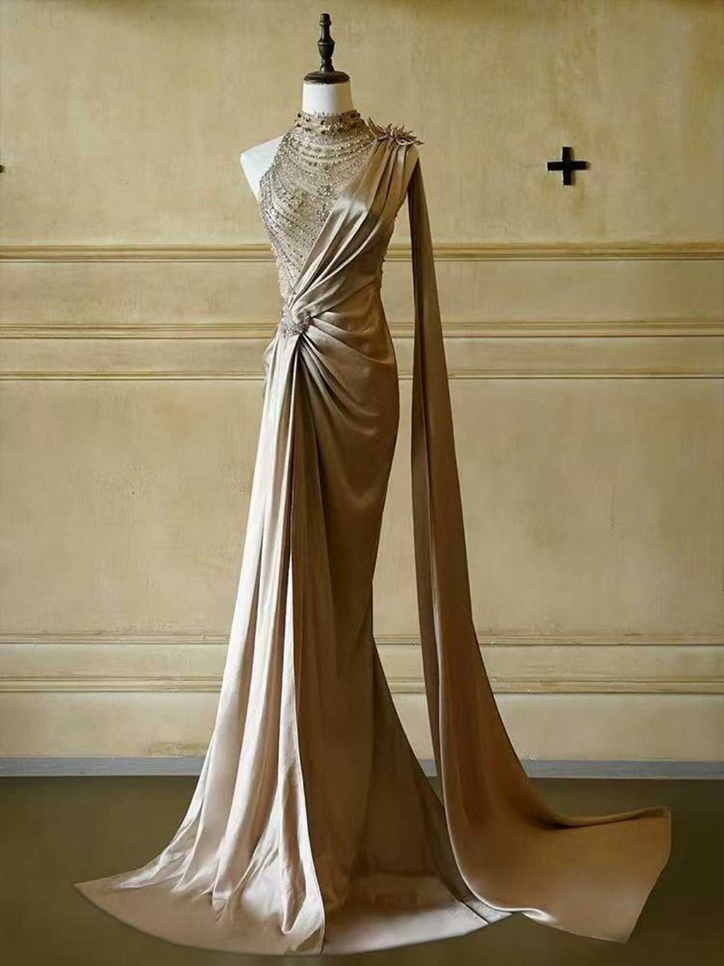 Champagne Gold One-Shoulder Satin Mermaid Evening Gown