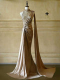 Champagne Gold One-Shoulder Satin Mermaid Evening Gown