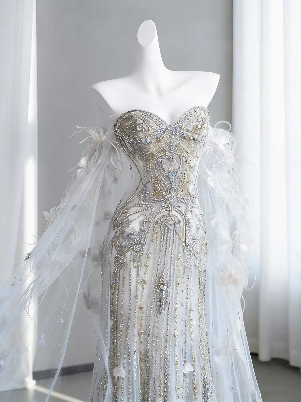Luxury Beaded Feather Mermaid Evening Gown