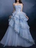 Strapless Blue Ruffled Layer Tulle Asymmetrical Evening Gown