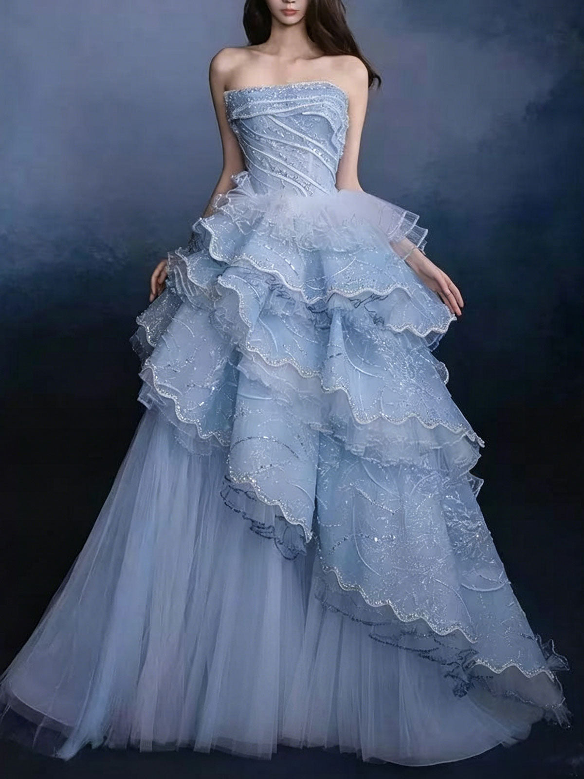 Strapless Blue Ruffled Layer Tulle Asymmetrical Evening Gown
