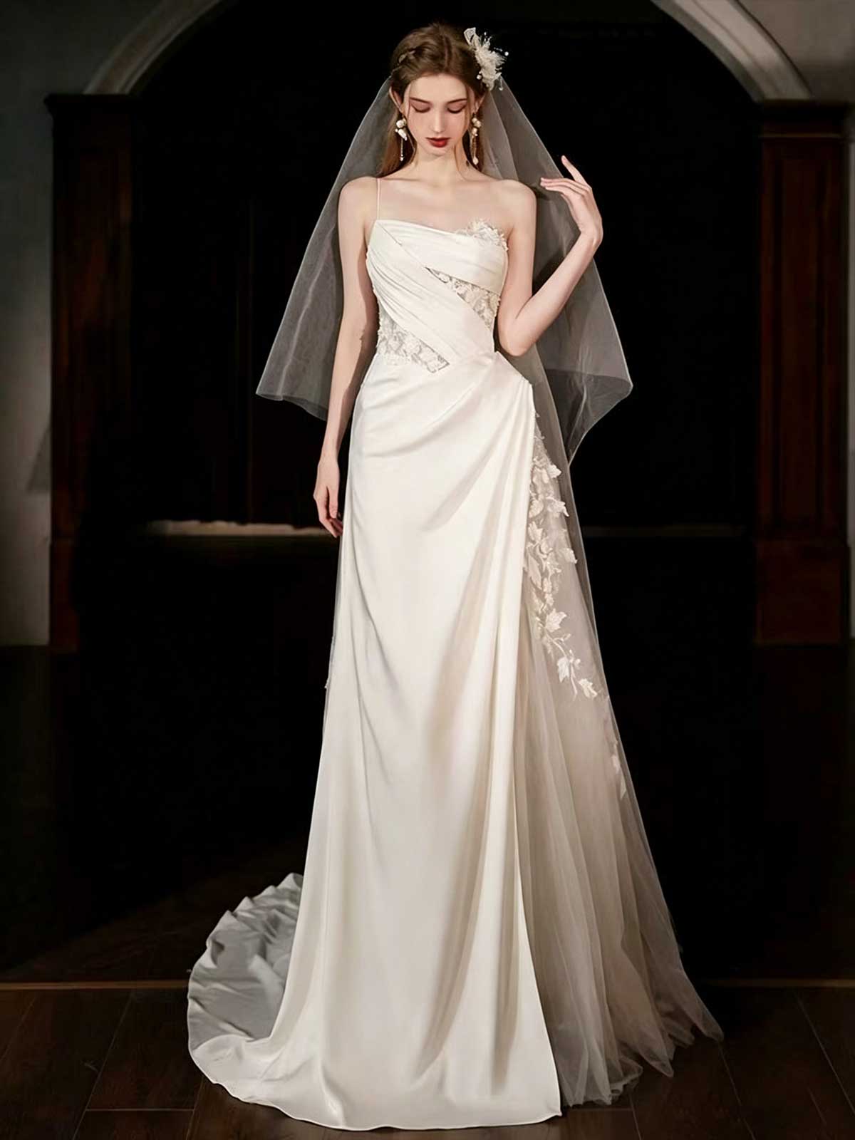 Ivory Satin & Lace Strapless Asymmetrical Mermaid Wedding Dress with Veil