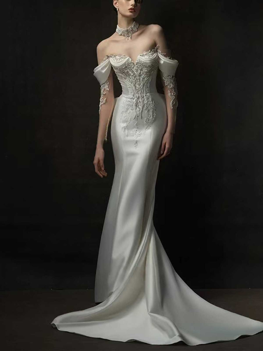 Off-the-Shoulder Satin Mermaid Wedding Dress with Lace Bodice & Sheer Sleeves