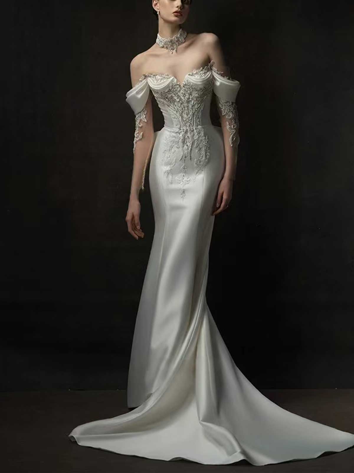 Off-the-Shoulder Satin Mermaid Wedding Dress with Lace Bodice & Sheer Sleeves