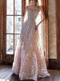 Blush Gold 3D Petal Strapless A-Line Evening Gown
