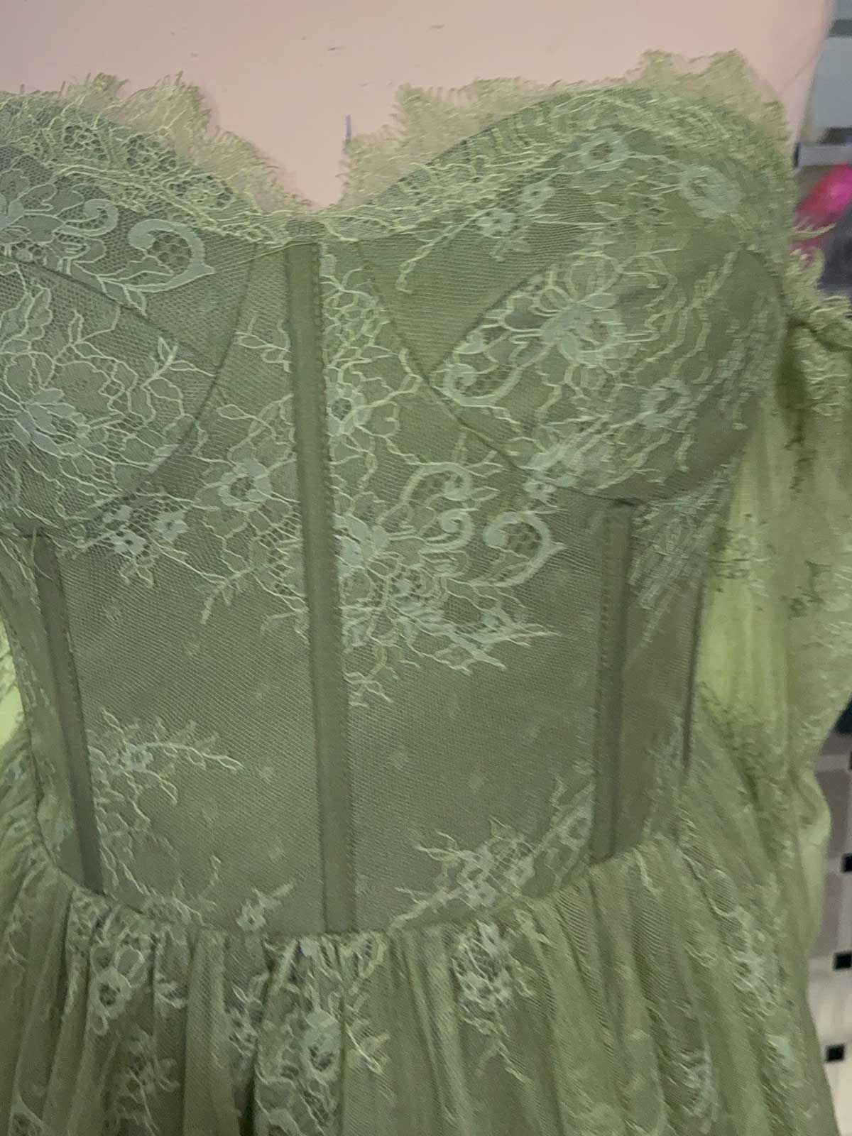 Sage Green Off-Shoulder Lace Tulle Gown with Train for Weddings