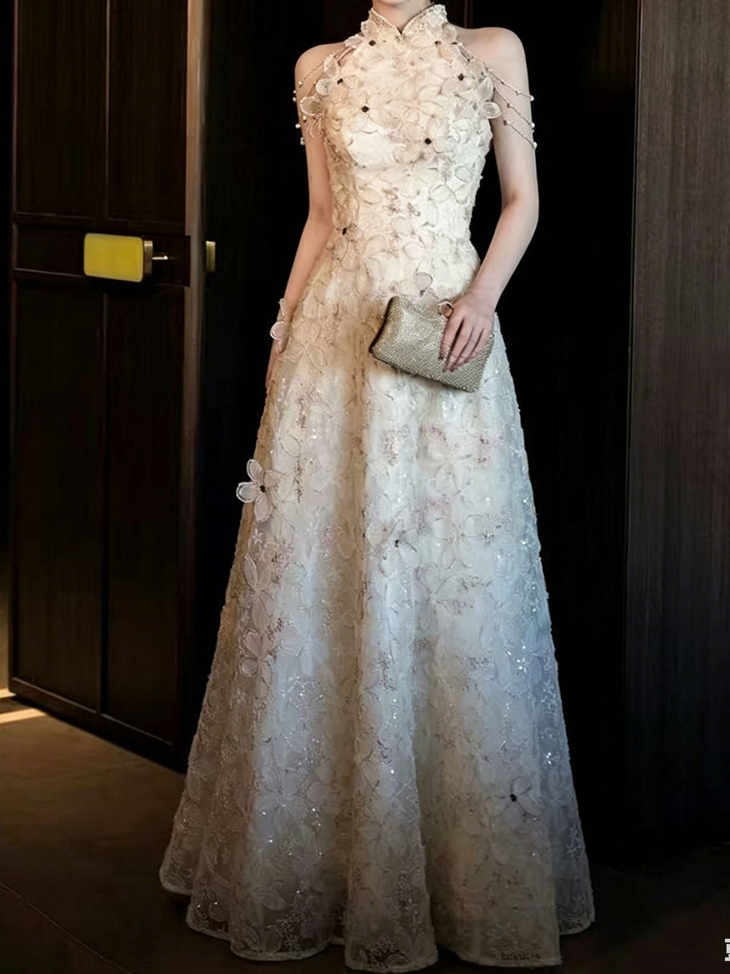 High Neck Floral Lace Spaghetti Strap A-Line Formal Gown