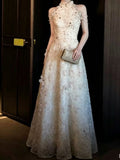 High Neck Floral Lace Spaghetti Strap A-Line Formal Gown