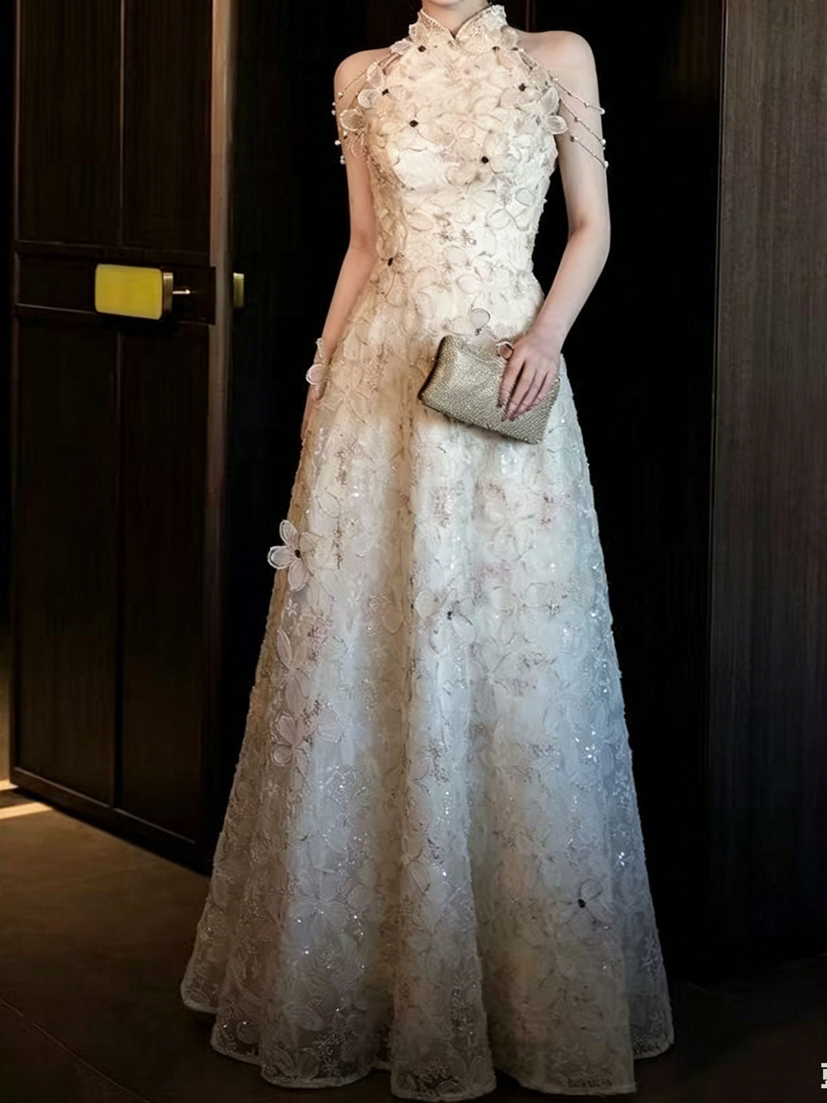High Neck Floral Lace Spaghetti Strap A-Line Formal Gown