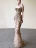 Nude Crystal & Pearl Embellished Mermaid Evening Gown with Cutout Waist
