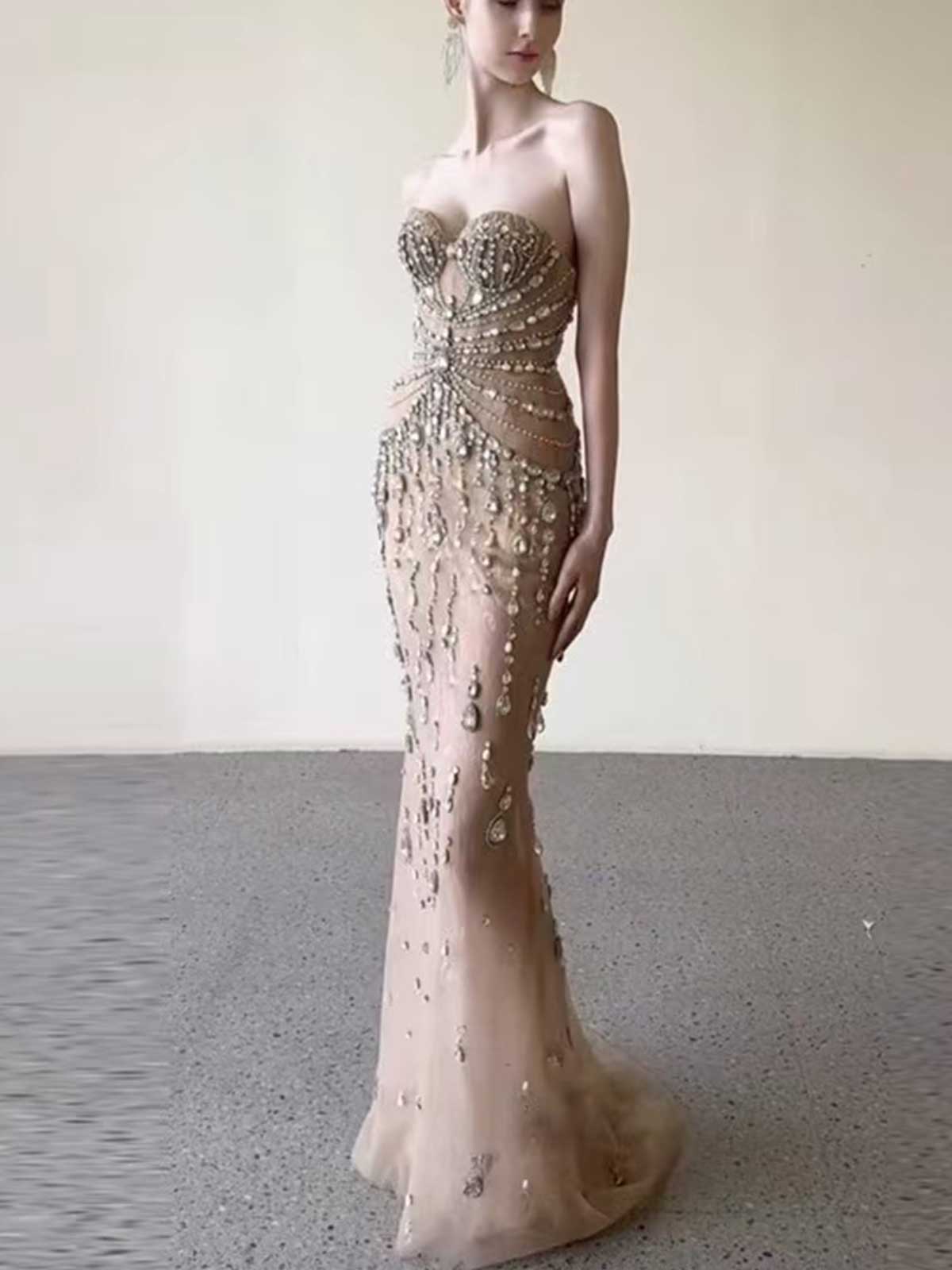 Nude Crystal & Pearl Embellished Mermaid Evening Gown with Cutout Waist