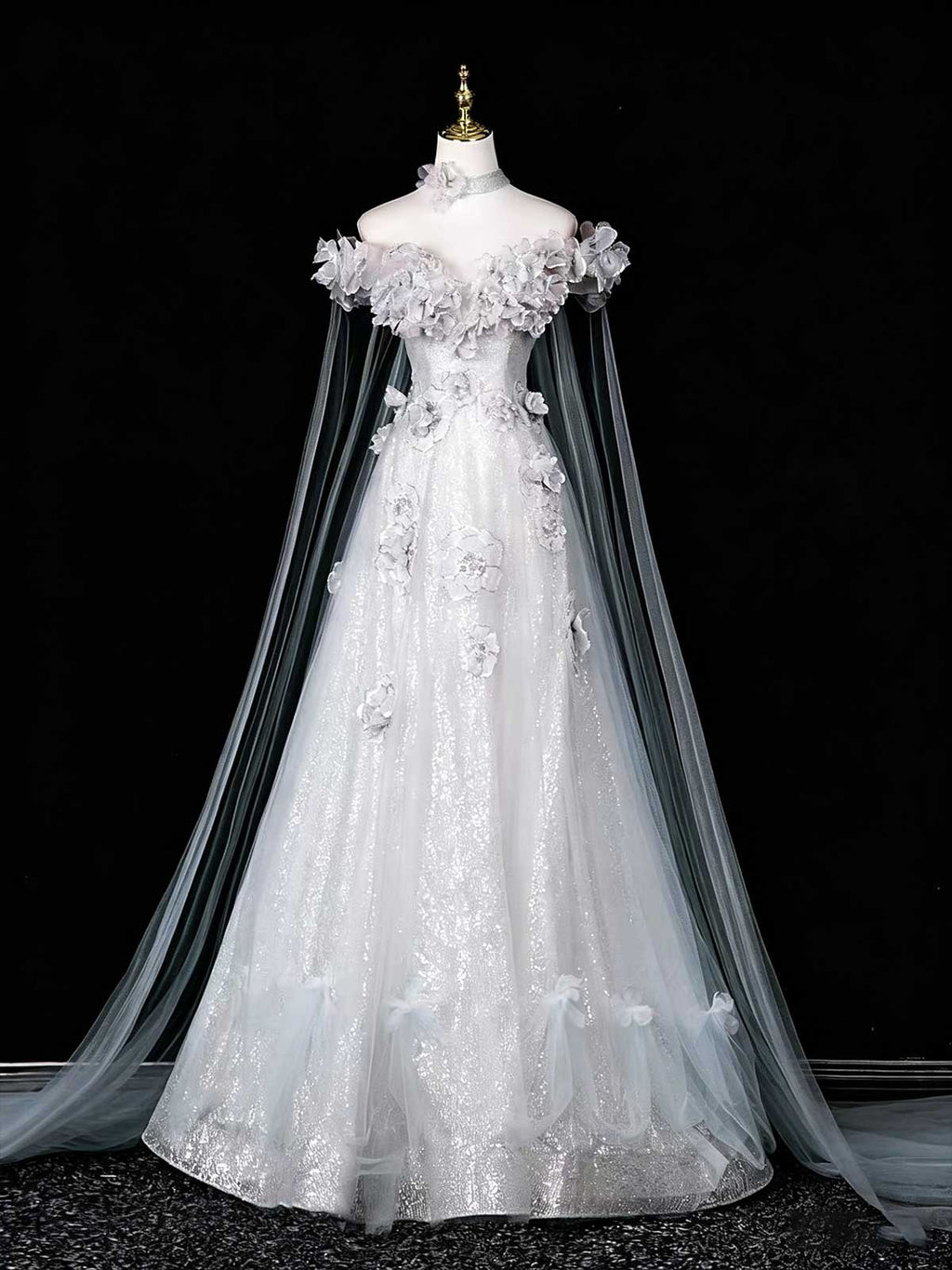 White Off-the-Shoulder Sequin Ball Gown with 3D Floral Appliqués and Cape Train
