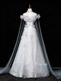 White Off-the-Shoulder Sequin Ball Gown with 3D Floral Appliqués and Cape Train