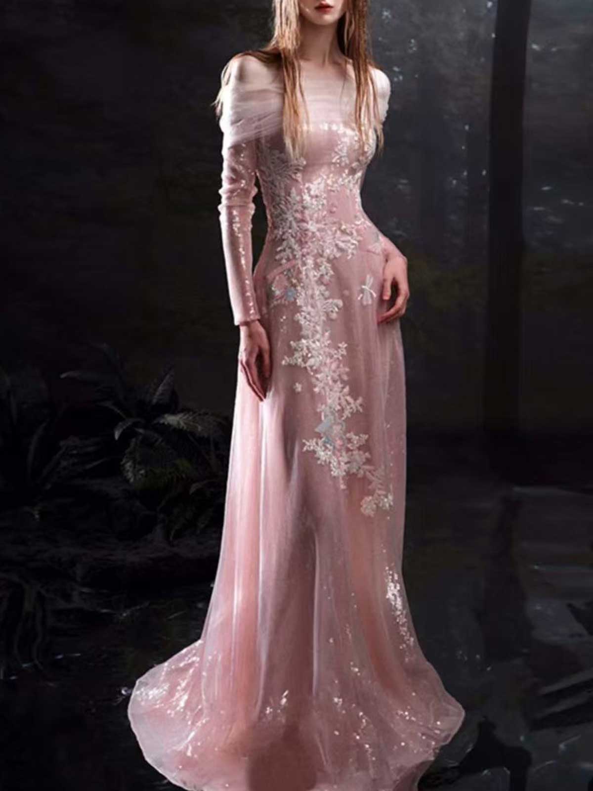 Blush Pink Lace Off-the-Shoulder Long Sleeve Mermaid Wedding Dress